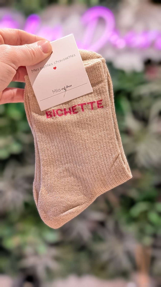 Chaussettes à paillettes – Écriture "BICHETTE"