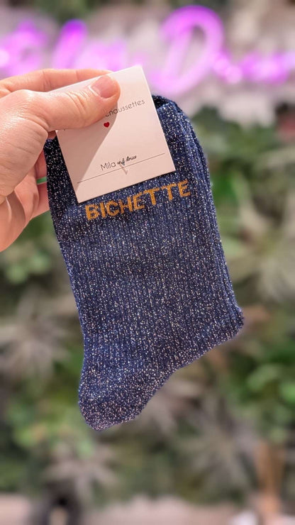 Chaussettes à paillettes – Écriture "BICHETTE"