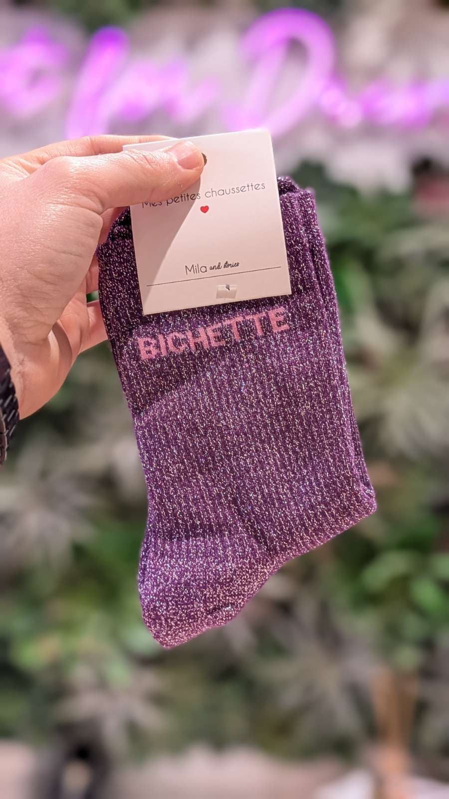 Chaussettes à paillettes – Écriture "BICHETTE"