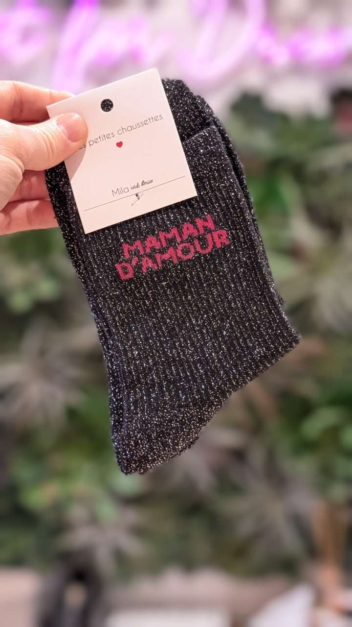 Chaussettes à paillettes – Écriture "MAMAN D'AMOUR"