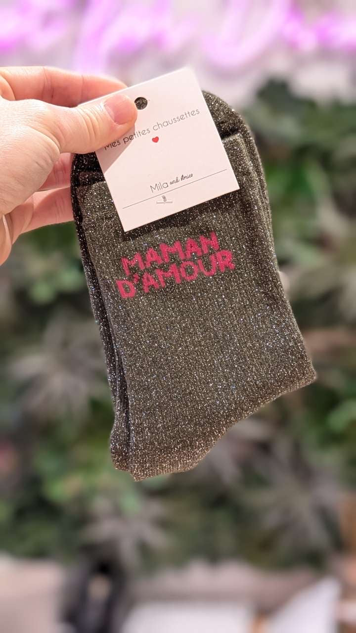 Chaussettes à paillettes – Écriture "MAMAN D'AMOUR"