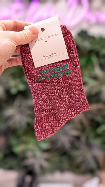 Chaussettes à paillettes – Écriture "MAMAN D'AMOUR"