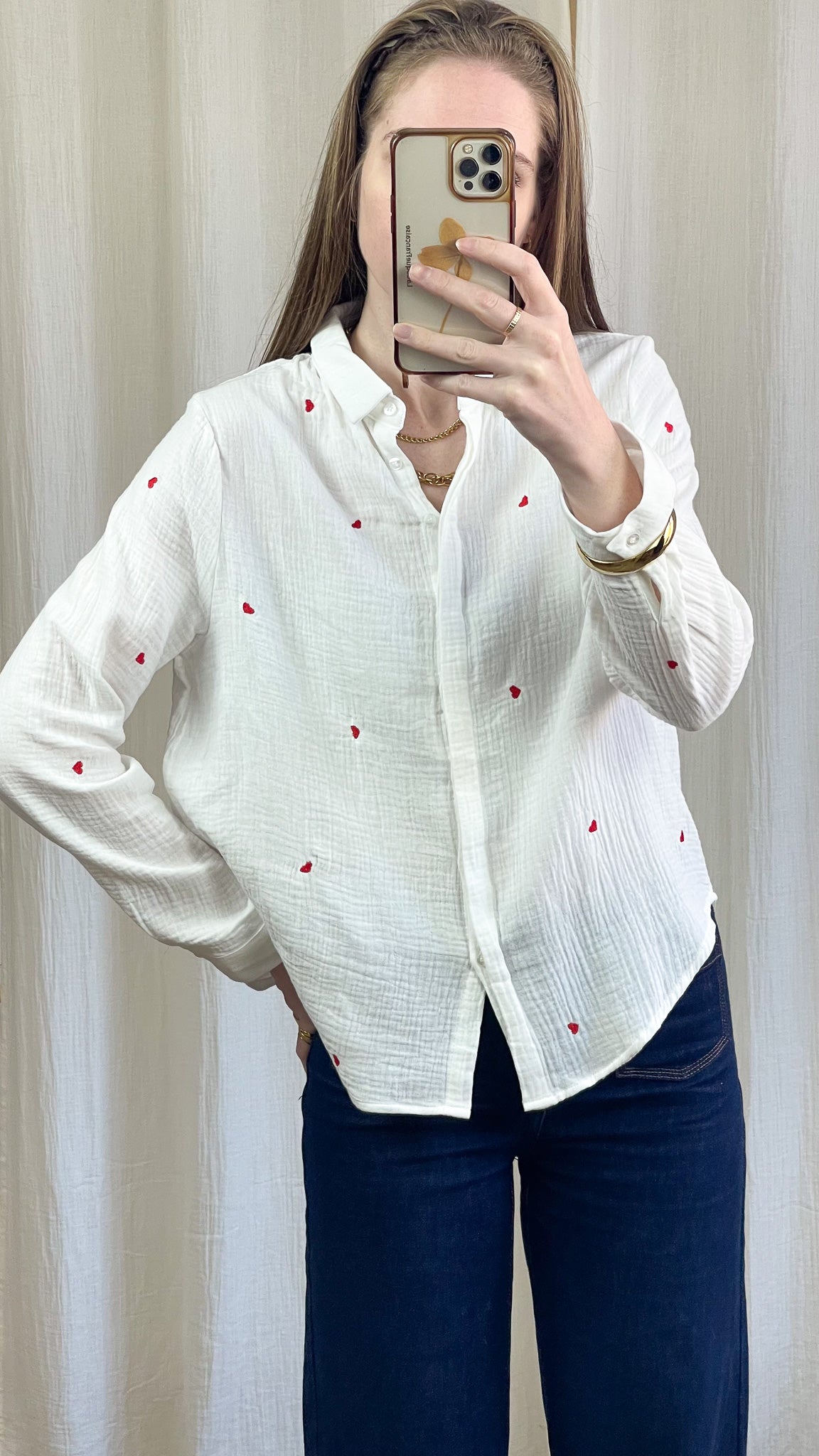 Chemise Garance - Chemise en gaze de coton avec coeurs rouges brodés