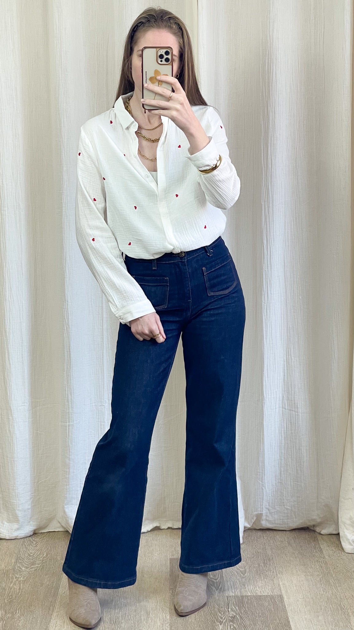 Chemise Garance - Chemise en gaze de coton avec coeurs rouges brodés