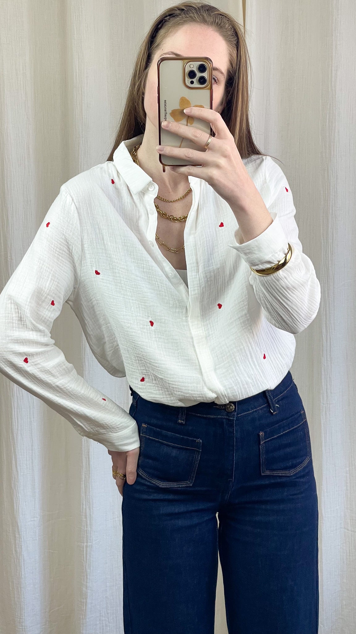 Chemise Garance - Chemise en gaze de coton avec coeurs rouges brodés