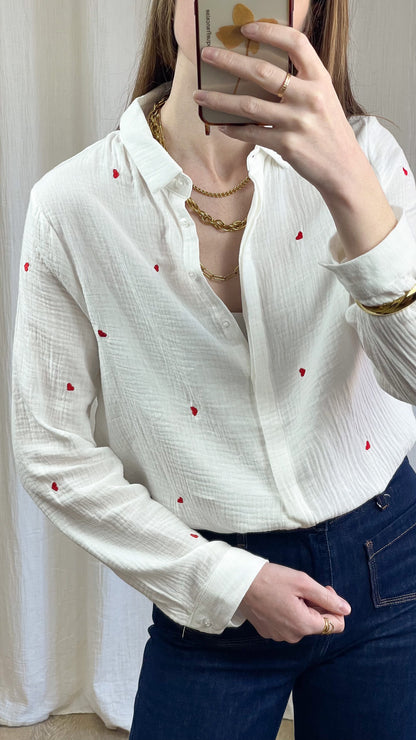 Chemise Garance - Chemise en gaze de coton avec coeurs rouges brodés