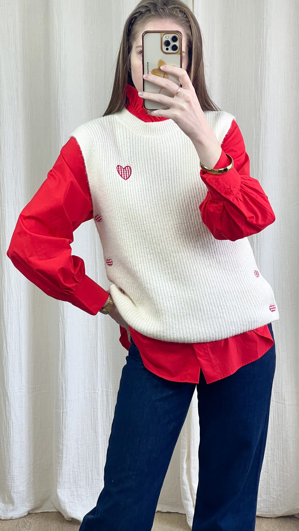 Pull Claire - Pull coeur vichy rouge