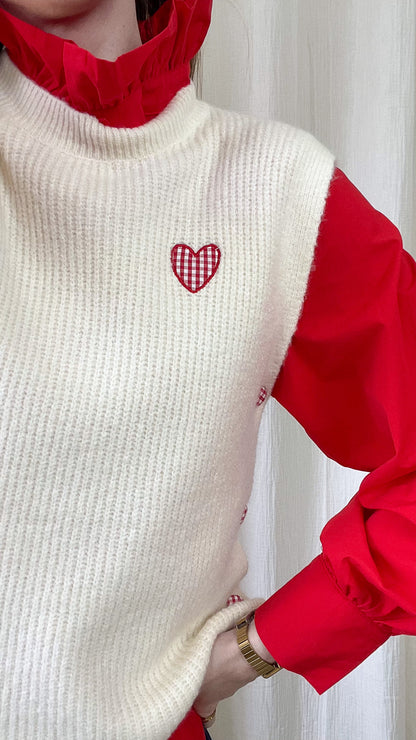 Pull Claire - Pull coeur vichy rouge