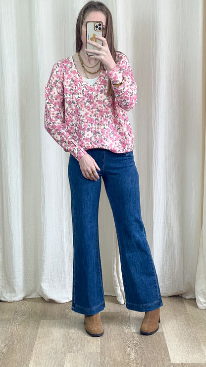 Pull Nadia - Pull imprimé fleurs rose