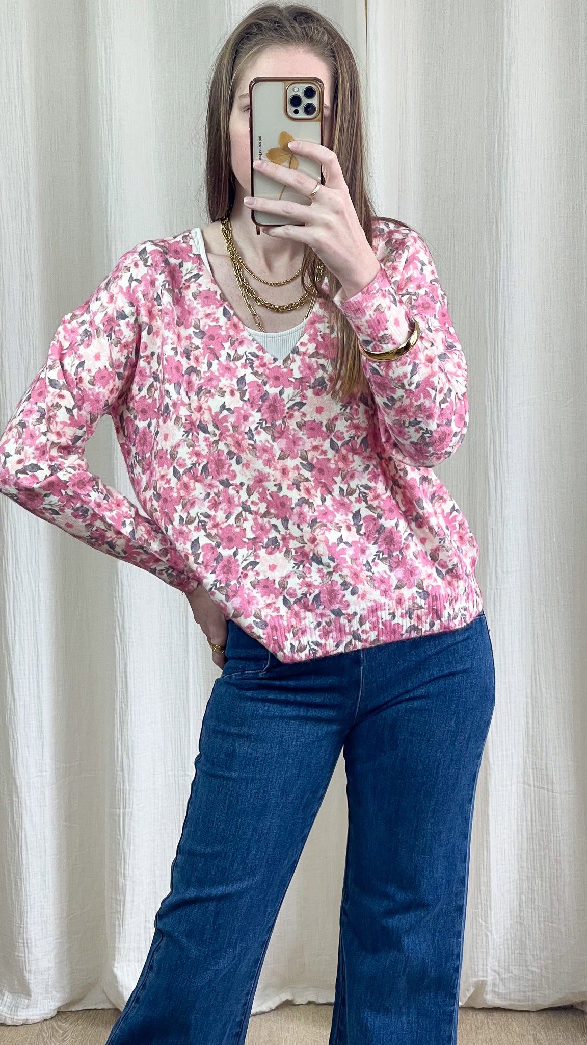 Pull Nadia - Pull imprimé fleurs rose