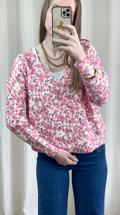 Pull Nadia - Pull imprimé fleurs rose