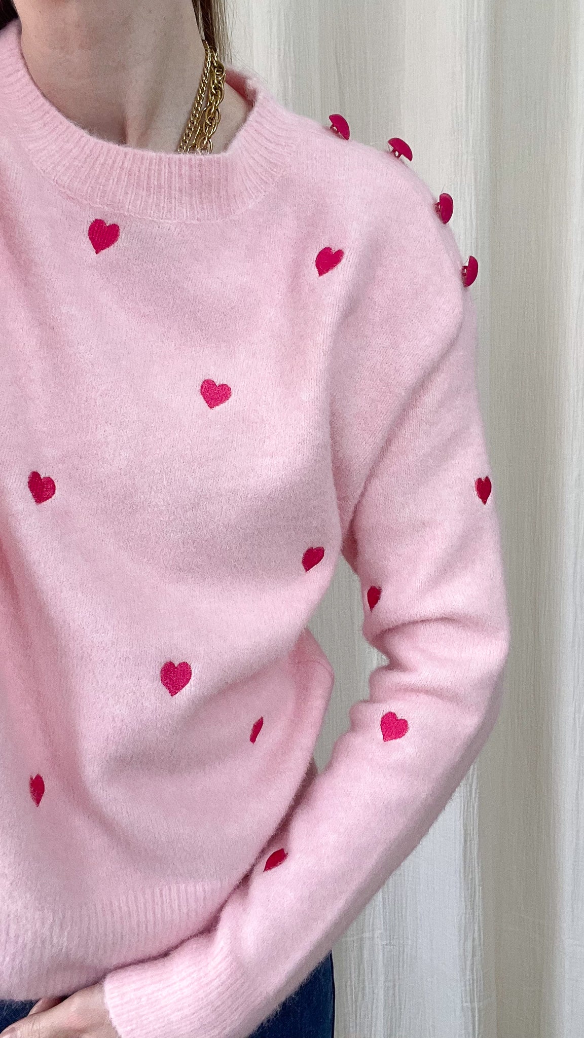 Pull Manon - Pull rose avec coeurs rouges