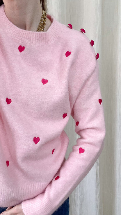 Pull Manon - Pull rose avec coeurs rouges