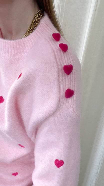 Pull Manon - Pull rose avec coeurs rouges