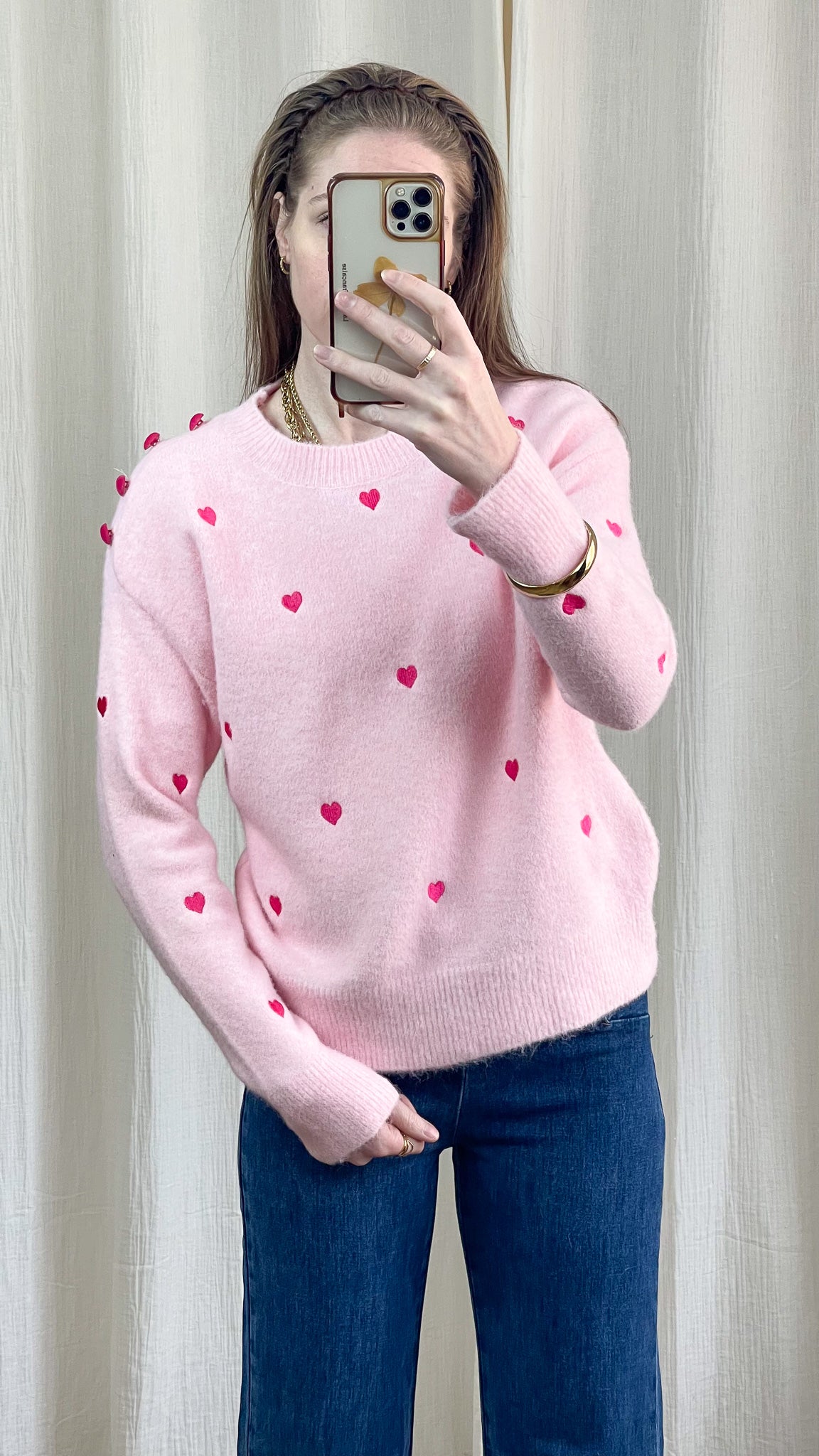 Pull Manon - Pull rose avec coeurs rouges