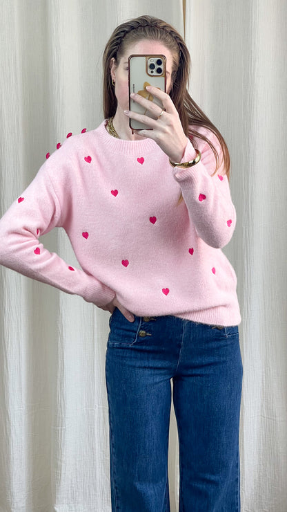 Pull Manon - Pull rose avec coeurs rouges