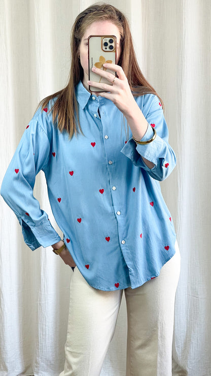 Chemise Stecy - Chemise coeurs rouges brodés