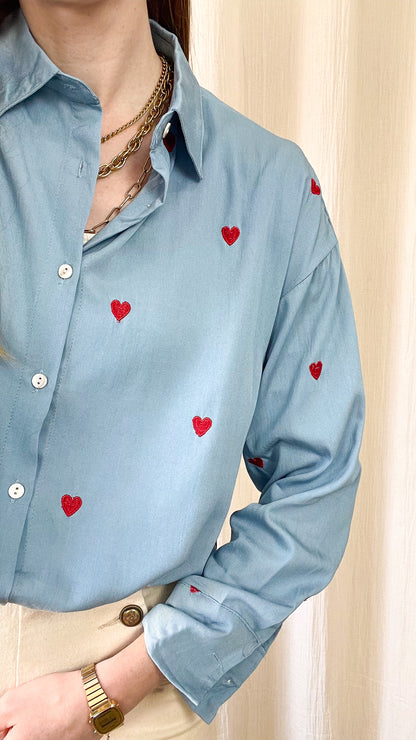 Chemise Stecy - Chemise coeurs rouges brodés