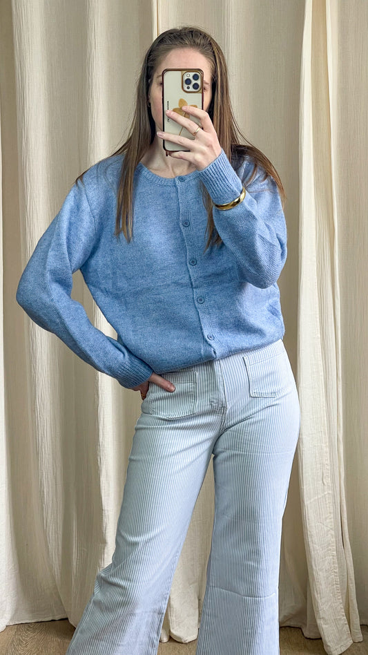 Gilet Céleste – Gilet en maille douce boutonné bleu ciel