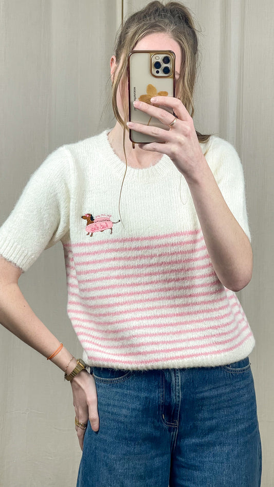 Pull Louna – Pull manches courtes rayé brodé teckel