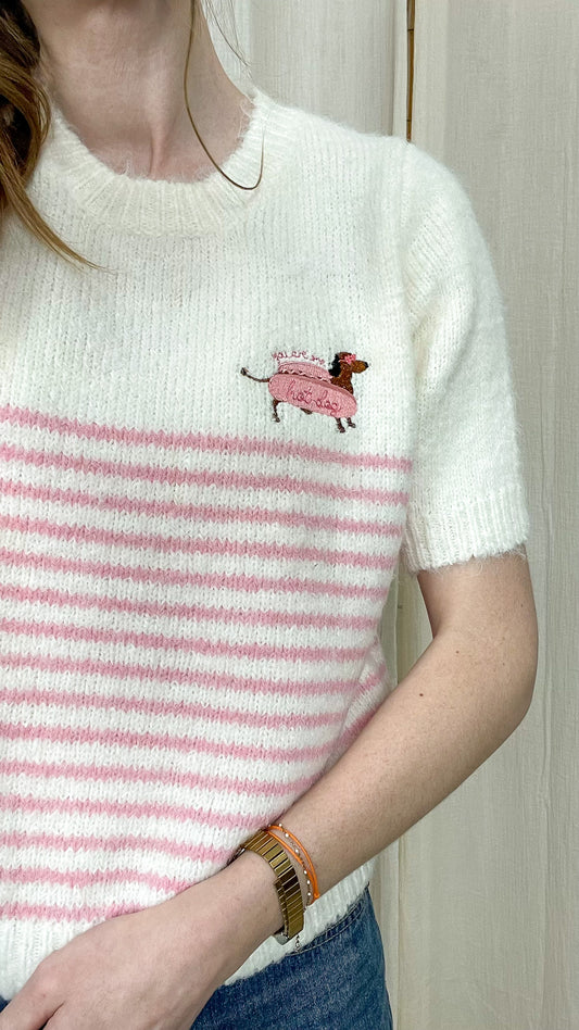 Pull Louna – Pull manches courtes rayé brodé teckel