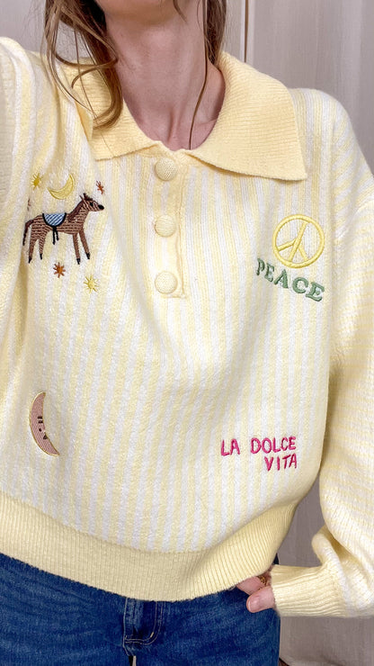 Pull Alba – Pull col polo brodé jaune pastel