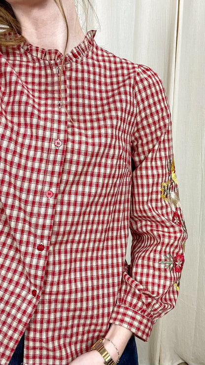 Blouse Capucine – Blouse à carreaux avec fleurs brodées