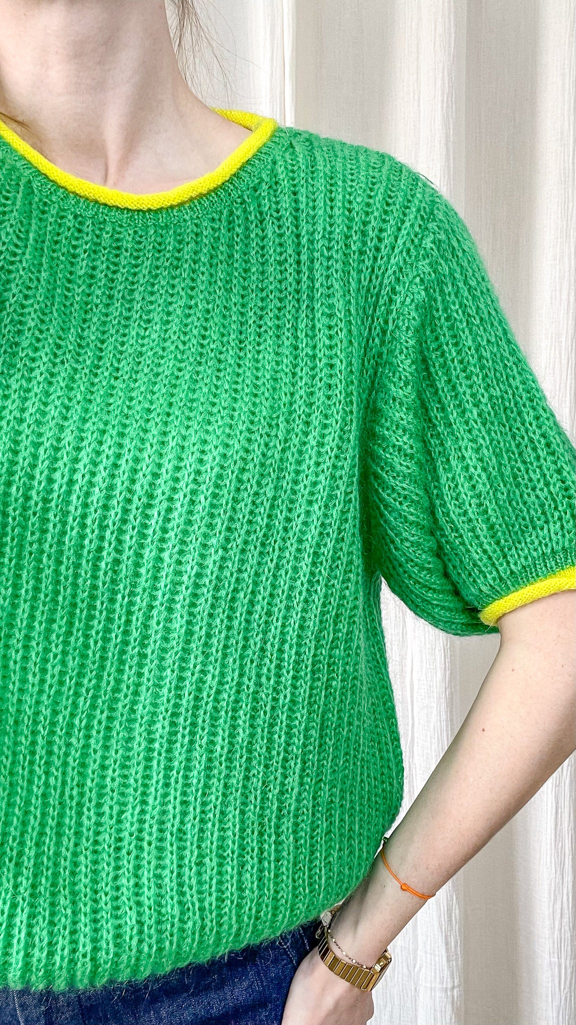 Pull Roxane - Pull vert manches courtes col contrasté