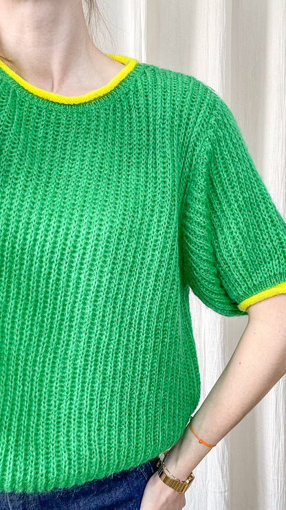 Pull Roxane - Pull vert manches courtes col contrasté