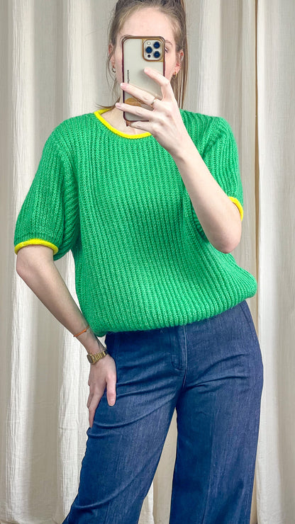 Pull Roxane - Pull vert manches courtes col contrasté
