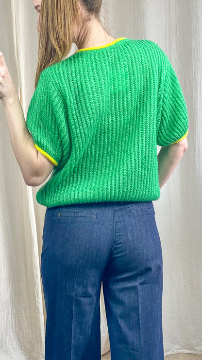 Pull Roxane - Pull vert manches courtes col contrasté