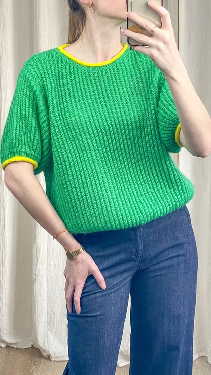Pull Roxane - Pull vert manches courtes col contrasté