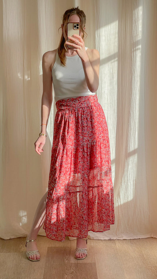 Jupe Apo – Jupe longue fluide imprimé fleuri rose