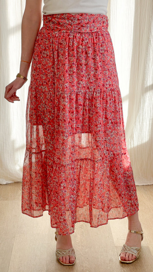 Jupe Apo – Jupe longue fluide imprimé fleuri rose