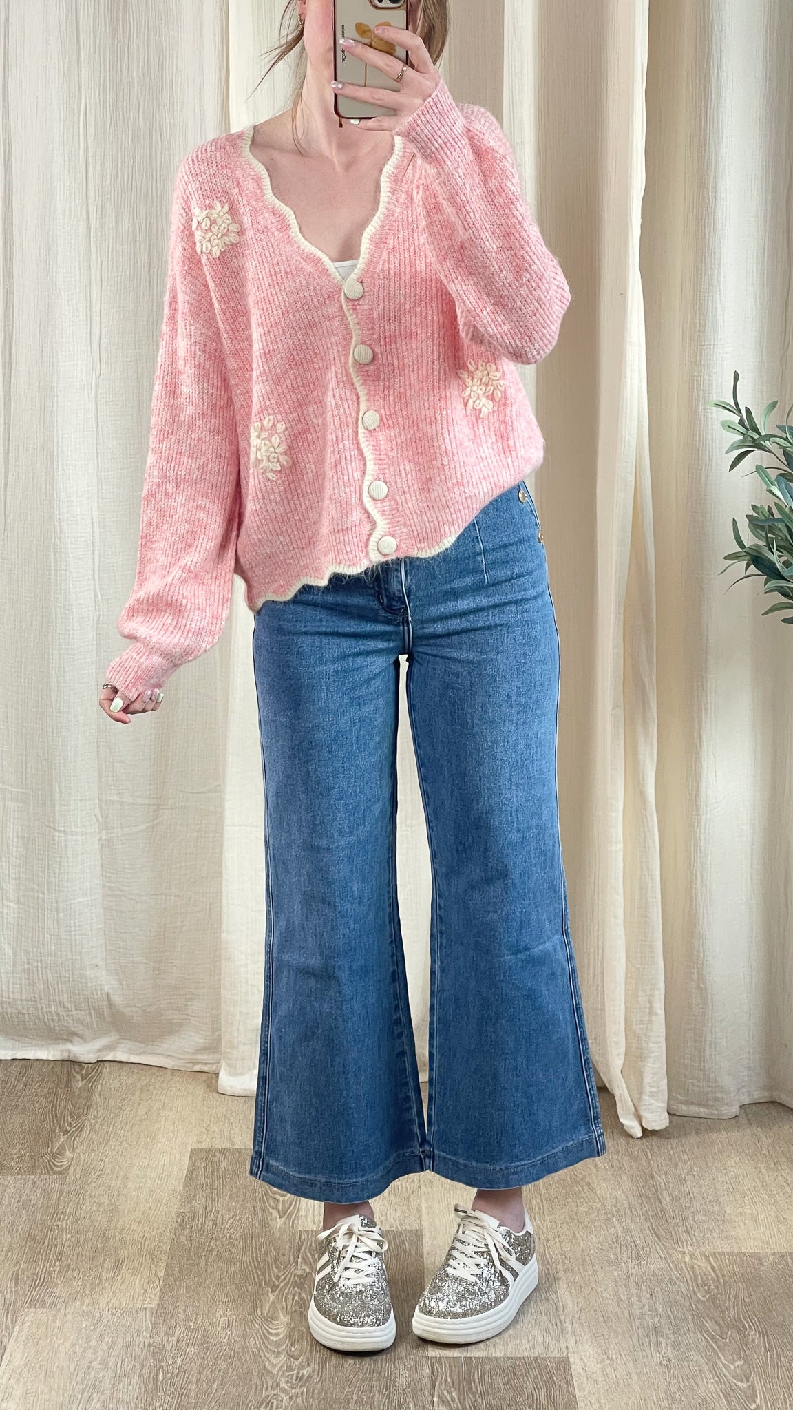 Gilet Pati – Maille fleurie rose