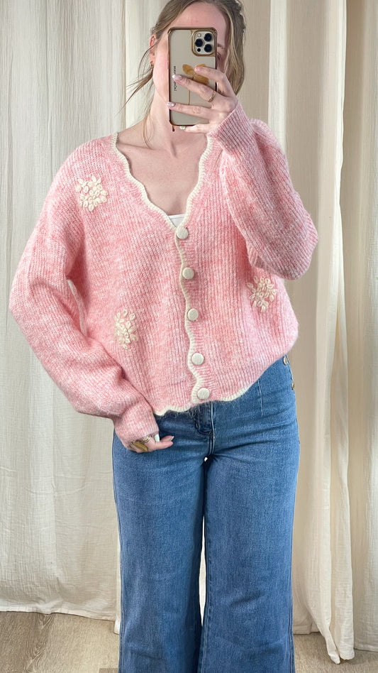 Gilet Pati – Maille fleurie rose
