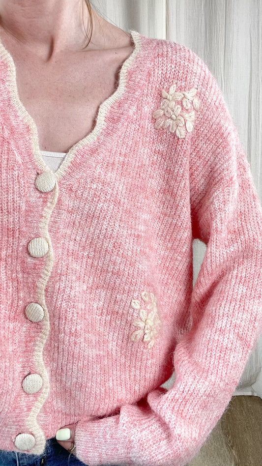 Gilet Pati – Maille fleurie rose