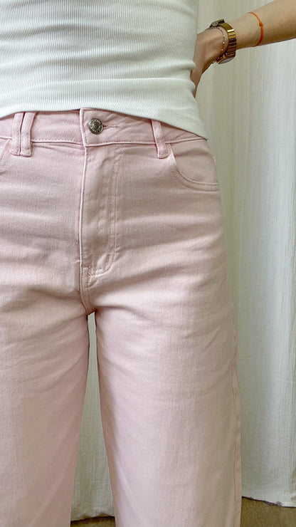 Jean Léni – Jean coupe ballon rose femme taille haute