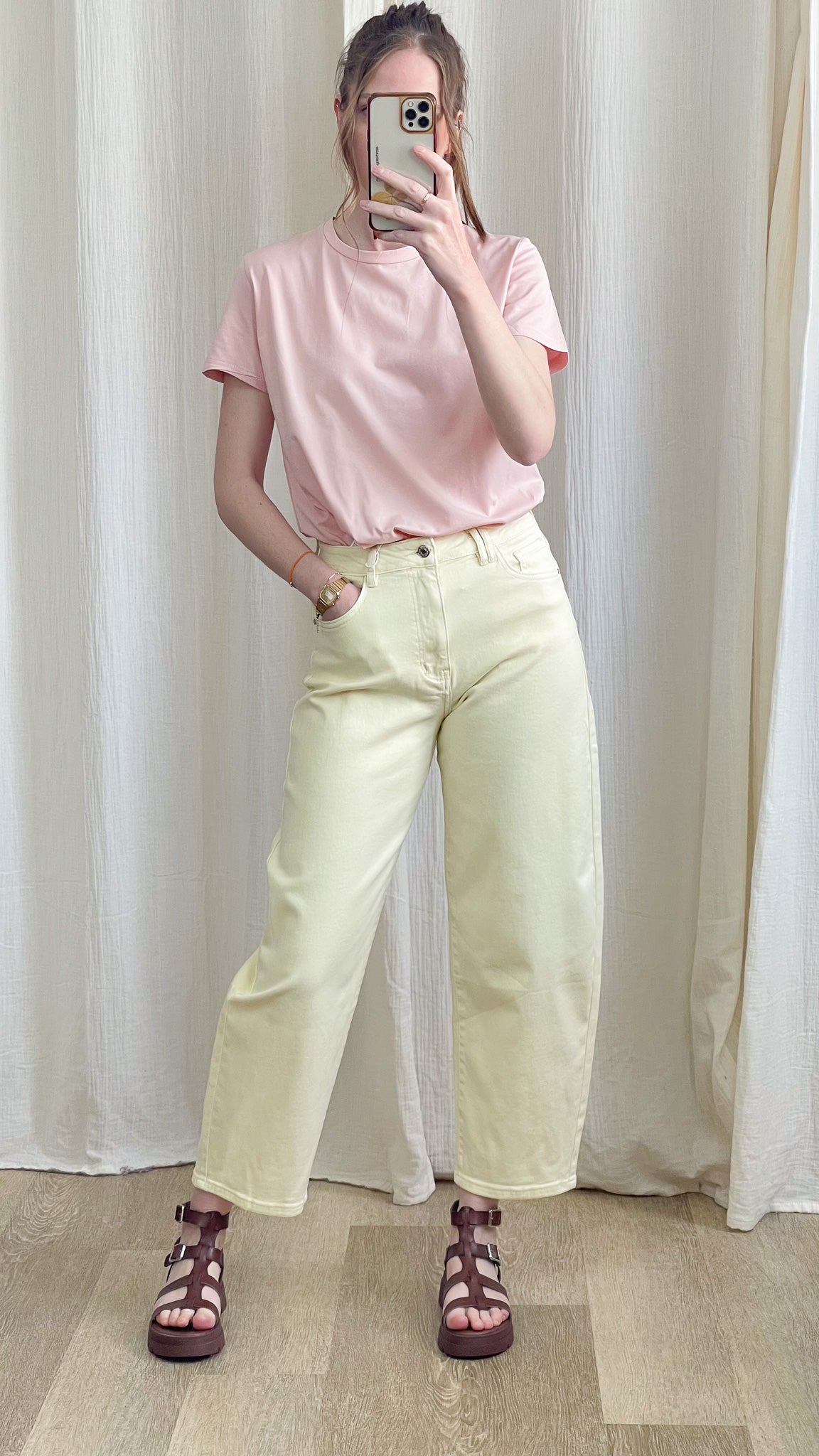 Jean Léni – Jean coupe ballon jaune femme taille haute
