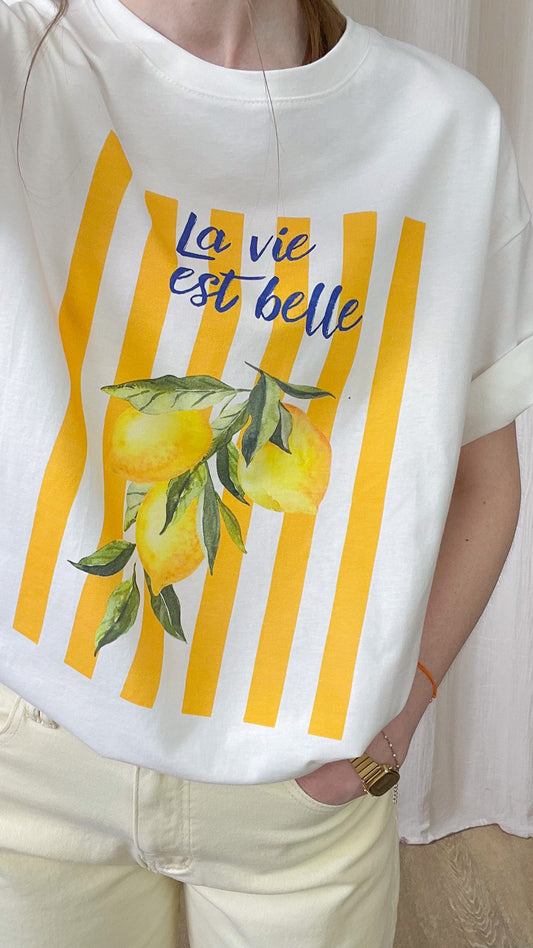 T-shirt La Vie est Belle – T-shirt imprimé citron femme 100% coton