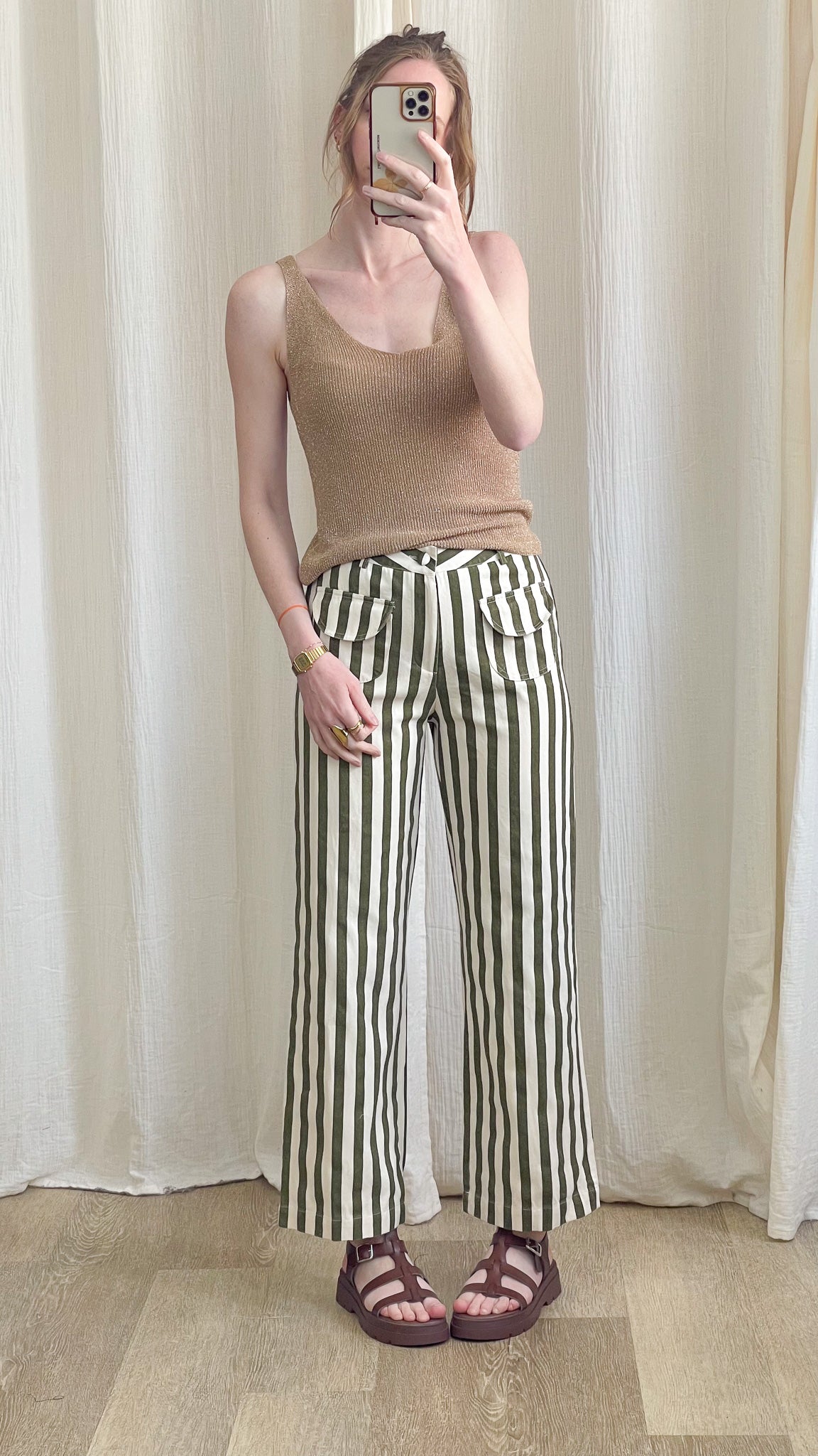 Pantalon Adèle – Pantalon rayé vert et écru coupe droite