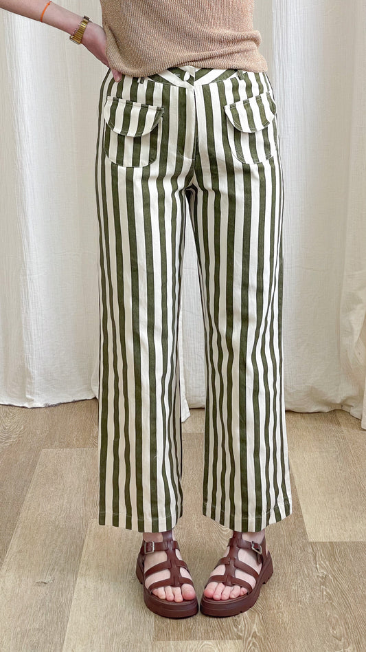 Pantalon Adèle – Pantalon rayé vert et écru coupe droite