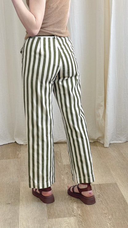 Pantalon Adèle – Pantalon rayé vert et écru coupe droite