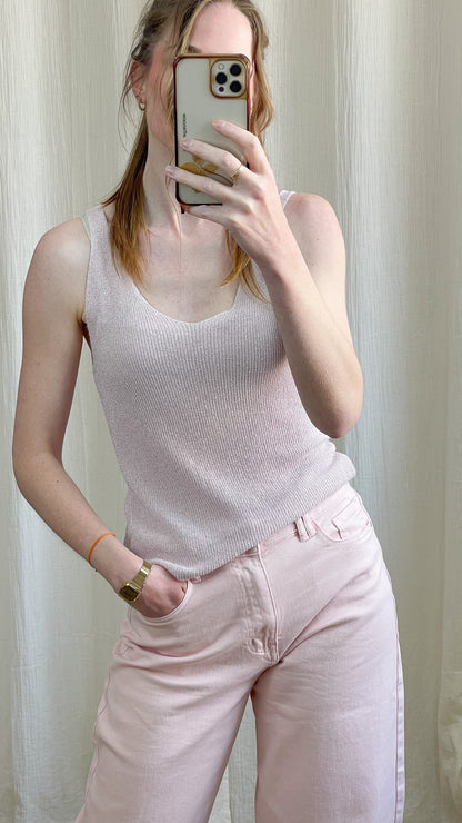 Débardeur femme maille fine lurex rose poudré à paillettes, coupe ajustée col rond, top élégant été