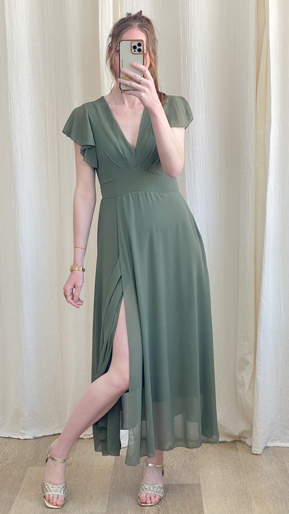 Robe Manon – Robe longue fluide décolleté cache-cœur manches volantées