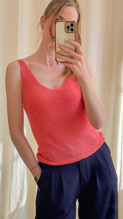 Top débardeur femme à paillettes corail en maille fine lurex avec bretelles larges et décolleté en V