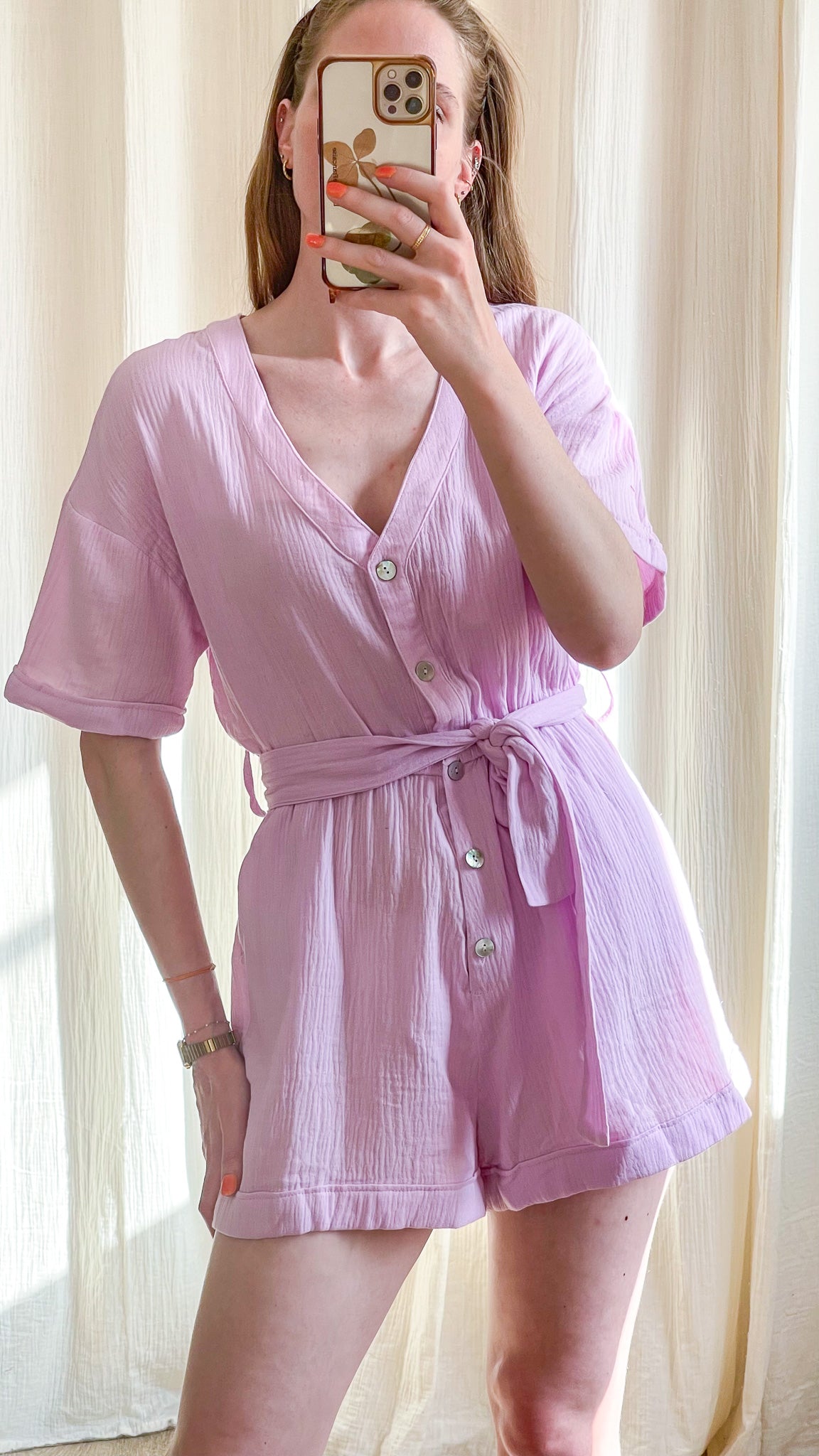 Combishort Cia rose lavande en gaze de coton à boutons avec ceinture nouée femme été