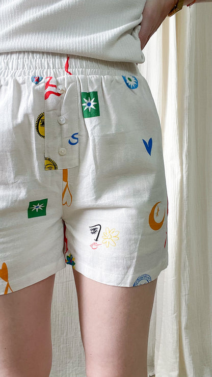Short Capucine blanc imprimé motifs colorés graphiques taille élastique boutons femme style bohème été