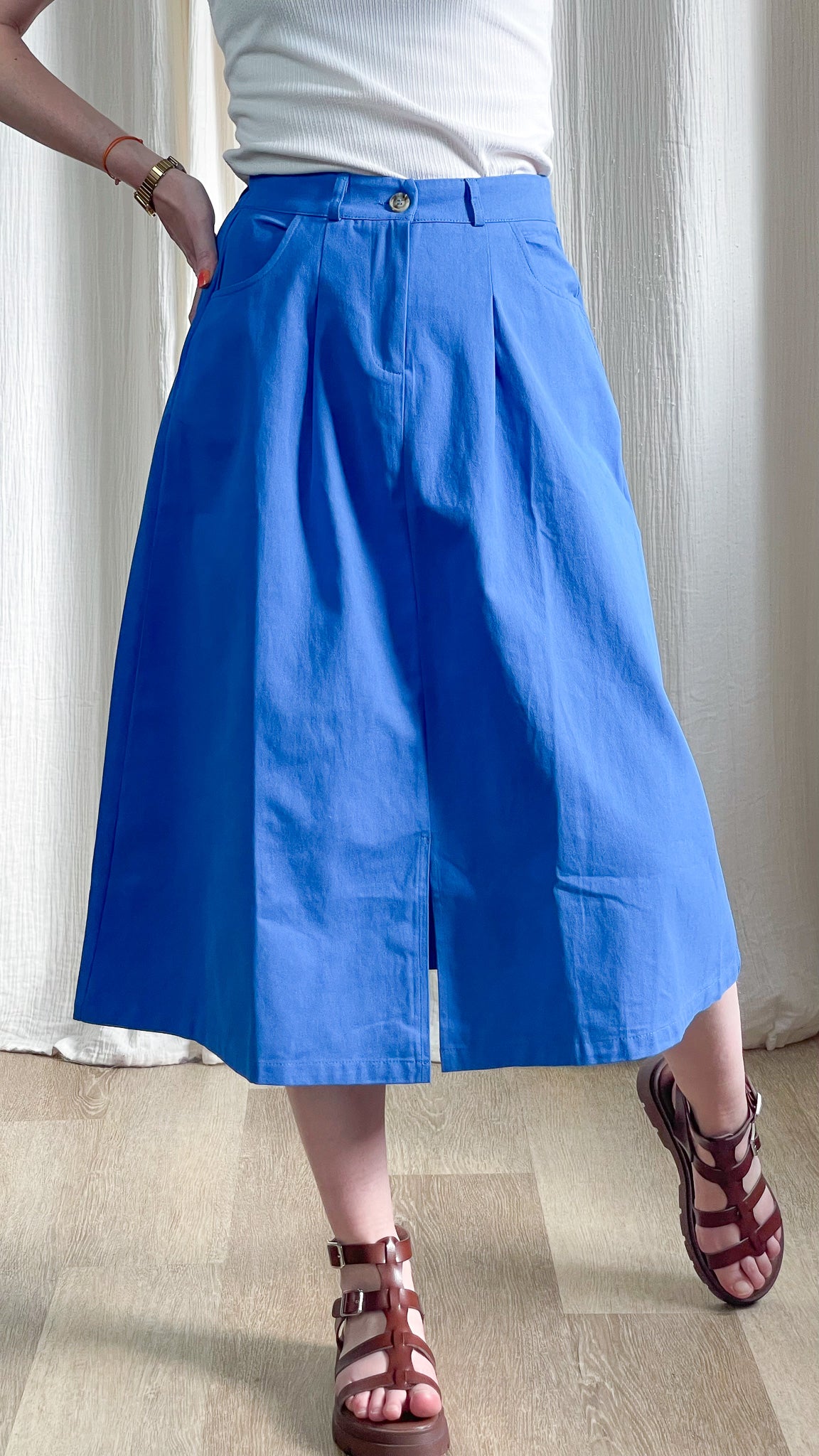 Jupe longue bleue évasée taille haute avec poches, jupe midi coton femme style casual chic été