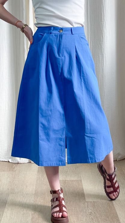 Jupe longue bleue évasée taille haute avec poches, jupe midi coton femme style casual chic été